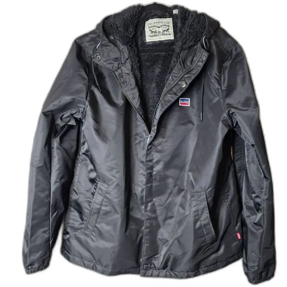 Levi’s Black Sherpa Lined Hooded Jacket Men’s Size L – Warm Winter Coat NWT